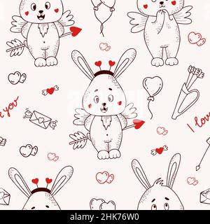 Seamless pattern with cute rabbit cupid with wings and an arrow with a heart on a white background with love letters and balloons. Vector illustration Stock Vector