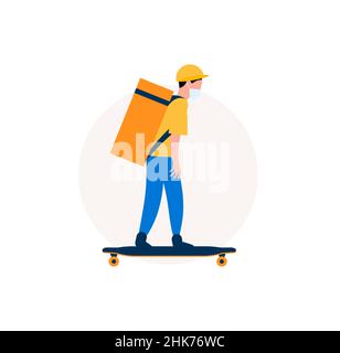 Food delivery man on longboard. Courier with eat bag on skateboard. Graphic for delivery service. Vector illustration. Stock Vector