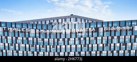 Bucharest, Romania - 01.01.2022: Head quarters of many hi tech companies ( Thales, MassMutual, Finastra, Bitdefender) in Bucharest Stock Photo