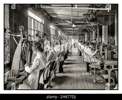 Vintage 1900s Factory work women in the lock and drill department, women in the factory workplace National Cash Register Manufacturing. Detroit  Dayton, Ohio, circa 1902. USA Stock Photo