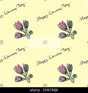Pattern for wrapping paper for Womens Day. Vector illustration of flowers and congratulatory lettering. Stock Vector