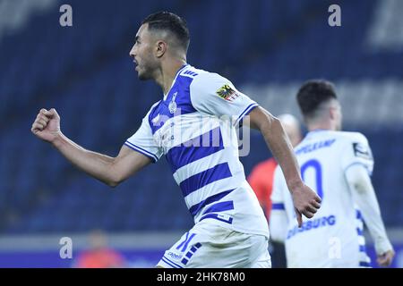 02 February 2022, North Rhine-Westphalia, Duisburg: Soccer: 3. league 20th matchday MSV Duisburg - VfL Osnabrück in the Schauinsland-Reisen Arena. Aziz Bouhaddouz of MSV Duisburg celebrates the 3:4. In the replay of the 3rd league between the two teams, they want to set a sign against exclusion with special jerseys. The match was initially interrupted by the referee on December 19 and later abandoned. Osnabrück player Aaron Opoku had previously been subjected to an alleged racist insult by a Duisburg spectator. Photo: Revierfoto/dpa - IMPORTANT NOTE: In accordance with the requirements of the Stock Photo