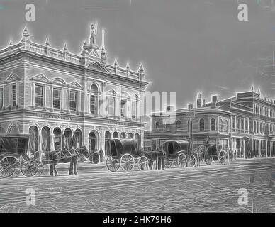 Inspired by Dee Street, Invercargill, Burton Brothers studio, photography studio, 1880s, Invercargill, gelatin dry plate process, Street scene with horses and carts, people posed outside Athenaeum, (erected 1875, Reimagined by Artotop. Classic art reinvented with a modern twist. Design of warm cheerful glowing of brightness and light ray radiance. Photography inspired by surrealism and futurism, embracing dynamic energy of modern technology, movement, speed and revolutionize culture Stock Photo