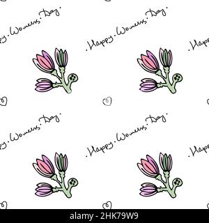 Pattern for wrapping paper for Womens Day. Vector illustration of flowers and congratulatory lettering. Stock Vector