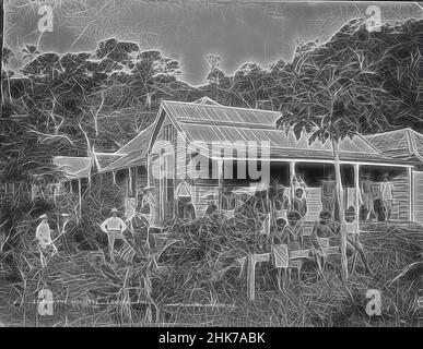 Inspired by The Hospital, Levuka, Fiji, Burton Brothers studio, photography studio, June 1884, New Zealand, black-and-white photography, Buildings standing on a rise surrounded by tropical foliage and trees. People (Fijians and Europeans) are gathered in front and on verandah, Reimagined by Artotop. Classic art reinvented with a modern twist. Design of warm cheerful glowing of brightness and light ray radiance. Photography inspired by surrealism and futurism, embracing dynamic energy of modern technology, movement, speed and revolutionize culture Stock Photo