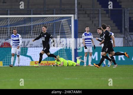 02 February 2022, North Rhine-Westphalia, Duisburg: Soccer: 3rd league 20th matchday MSV Duisburg - VfL Osnabrück in the Schauinsland-Reisen Arena. Sven Köhler (2nd from left) from VfL celebrates his goal to make it 1:3. In the 3rd league replay between the two teams, they want to send a signal against exclusion by wearing special jerseys. The match was initially interrupted by the referee on December 19 and later abandoned. Osnabrück player Aaron Opoku had previously been subjected to an alleged racist insult by a Duisburg spectator. Photo: Revierfoto/dpa - IMPORTANT NOTE: In accordance with Stock Photo