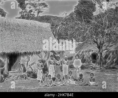 Inspired by Waitova near Levuka, Fiji, Burton Brothers studio, photography studio, 14 July 1884, Dunedin, black-and-white photography, Outdoor group portrait of women and children posed outside a Fijian bure (house, Reimagined by Artotop. Classic art reinvented with a modern twist. Design of warm cheerful glowing of brightness and light ray radiance. Photography inspired by surrealism and futurism, embracing dynamic energy of modern technology, movement, speed and revolutionize culture Stock Photo