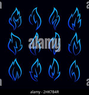 Fire flames, set blue icons, made linear style Stock Vector