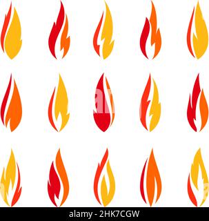 Fire flames, set red orange icons, vector illustration Stock Vector