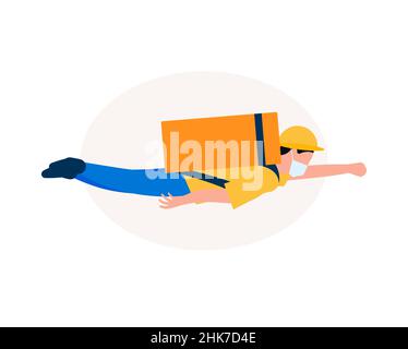 Food delivery man, flying superhero. Courier with eats bag, fly in the sky. Graphic for fast speed delivery service. Vector illustration. Stock Vector