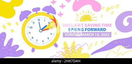 Daylight Saving Time Begins concept. Spring Forward Time banner in trendy modern doodle style. The clocks moved forward one hour. Banner with calendar Stock Vector