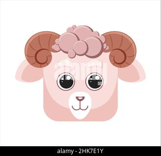 Pink ram with twisted horns, animal square faces, mask, icon, logo. Vector illustration in cartoon style Stock Vector