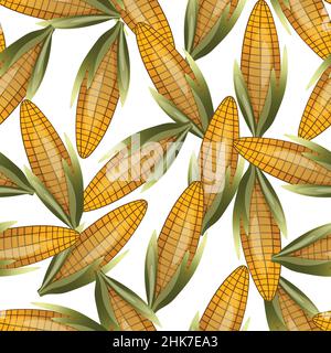 Seamless pattern with sweet golden corn on white background. Natural fresh bright tasty bunch of corn. Template vector illustration for packaging Stock Vector