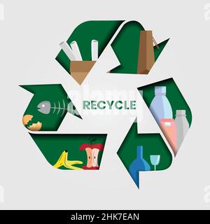 Recycling symbol with various objects that can be recycled such as food, cardboard, paper, glass, plastics, briks... Stock Vector