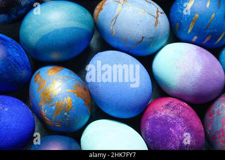 Multicolored Easter eggs as background, closeup Stock Photo