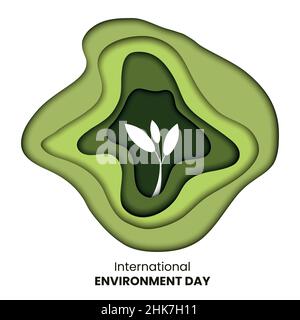 Drawing of a twig representing the international day of the environment. Cut or carved paper design in green tones Stock Vector
