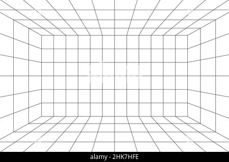 3D room grid with one point perspective. White empty geometric cyberspace studio background. Virtual three dimension scene. Easy guide architecture te Stock Vector