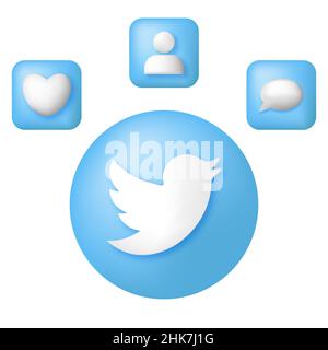Twitter logo in circle with 3d round notification icons. Social media poster Stock Vector