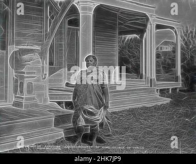Inspired by Princess Anaziene, Granddaughter of King George of Tonga, Burton Brothers studio, photography studio, 29 July 1884, New Zealand, black-and-white photography, Tongan woman standing at bottom of step in front of colonial wooden building with large verandah. Woman is holding dress in left, Reimagined by Artotop. Classic art reinvented with a modern twist. Design of warm cheerful glowing of brightness and light ray radiance. Photography inspired by surrealism and futurism, embracing dynamic energy of modern technology, movement, speed and revolutionize culture Stock Photo