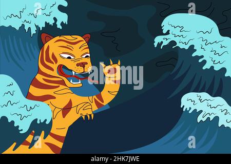 Chinese new year of the blue water tiger horizontal poster. Greeting card with china traditional annual symbol with waves. Hand drawn banner to eastern calendar 2022 years. Asian folk abstract drawing Stock Vector