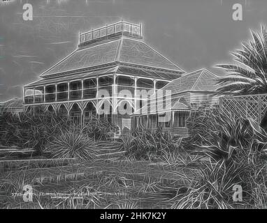 Inspired by Rev. J. E. Moulton's, Nukualofa, Tongatabu [Nuku'alofa, Tongatapu], Burton Brothers studio, photography studio, 29 July 1884, New Zealand, black-and-white photography, Colonial buildings, in foreground tropical vegetation with garden clearing and lattice fencing. One storey building with, Reimagined by Artotop. Classic art reinvented with a modern twist. Design of warm cheerful glowing of brightness and light ray radiance. Photography inspired by surrealism and futurism, embracing dynamic energy of modern technology, movement, speed and revolutionize culture Stock Photo