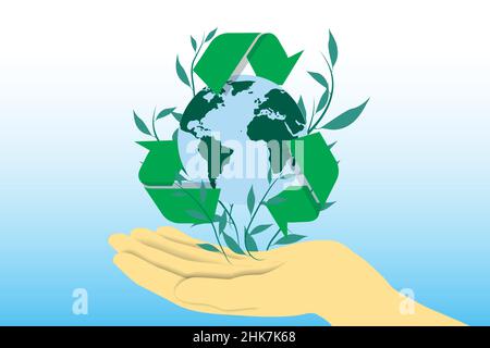 Hand holding planet earth with recycling symbol around it. Care for the environment and responsible use of natural resources Stock Vector