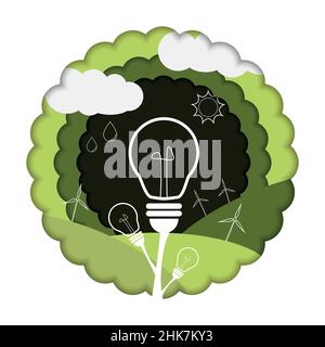 Carved or cut paper design depicting a light bulb lit by renewable energies Stock Vector