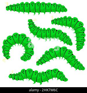 Green Cartoon Caterpillars Isolated on White Background. Cute Summer Insects. Small Maggot Move. Butterfly Life Cycle Stock Vector