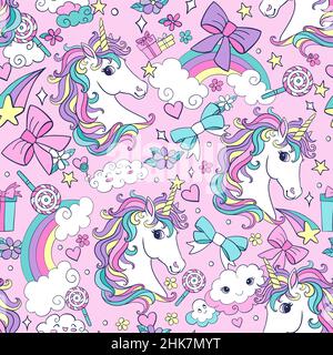 Cute dreaming unicorns head with magic elements and rainbows seamless pattern on purple background. Vector hand drawn illustration for print, wallpape Stock Vector