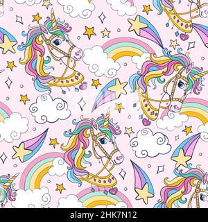 Cute dreaming unicorns head with magic elements and rainbows seamless pattern on pink background. Vector hand drawn illustration for print, wallpaper, Stock Vector