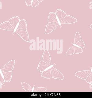 Seamless butterfly pattern in the style of doodles on a pink background. Vector illustration of butterflies for your design. Stock Vector