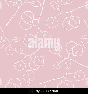 Seamless botanical doodle-style pattern with eucalyptus branches on pink. Suitable for wrapping paper, various textiles, and as a background for print Stock Vector