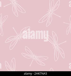 Seamless pattern with dragonflies in the style of doodles on a pink background. Vector illustration for your design. Suitable for wrapping paper, vari Stock Vector