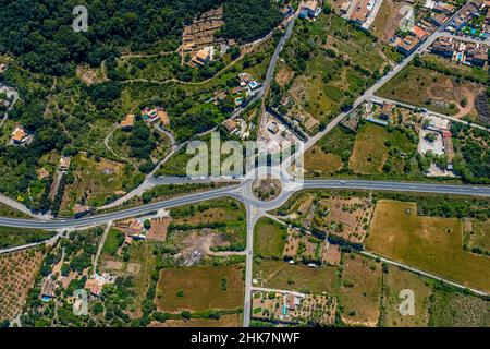 Aerial view, Carrer Major roundabout, Carrer Nord, Ma-15 road, Capdepera, Balearic Islands, Majorca, Balearic Islands, Spain, boat, ES, Europe, green Stock Photo