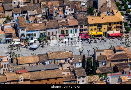 Aerial view, city centre with market place Plaça del Conqueridor, Artà, Balearic Islands, Majorca, Balearic Islands, Spain, ES, Europe, downtown, aeri Stock Photo
