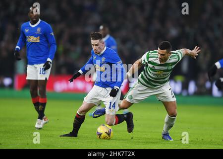 Glasgow, Scotland, 2nd February 2022.  Ryan Kent of Rangers and Giorgos Giakoumakis of Celtic during the cinch Premiership match at Celtic Park, Glasgow. Picture credit should read: Neil Hanna / Sportimage Stock Photo