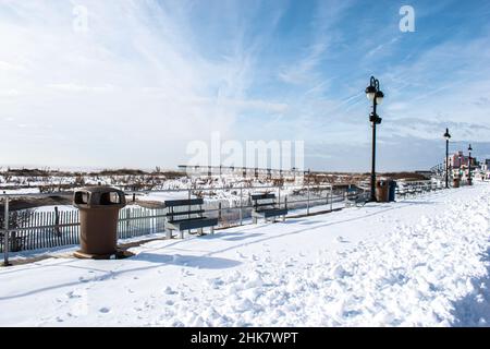 A Cold Winter Day With Snow on The Boardwalk in Ocean City New Jersey Cape May County Stock Photo