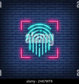 Fingerprint, scanned finger, cryptographic signature, identity neon sign. Stock Vector