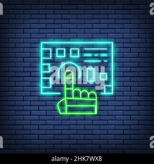 Robot arm presses on the button neon sign. Stock Vector