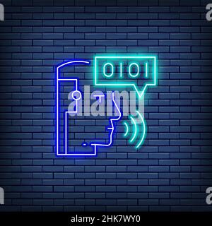 Artificial intelligence, robot with sound waves, chatbot, voice recognition neon sign. Stock Vector