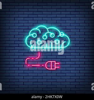 Connected brain to circuit board, artificial intelligence, digital thinking neon sign. Stock Vector