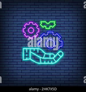 Hand holds a gears, tech development, engineering neon sign. Stock Vector