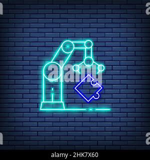Robotic hand manipulator, industrial mechanical arm neon sign. background Stock Vector