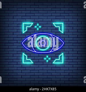 Artificial intelligence eye, network spying, computer surveillance neon sign. Stock Vector