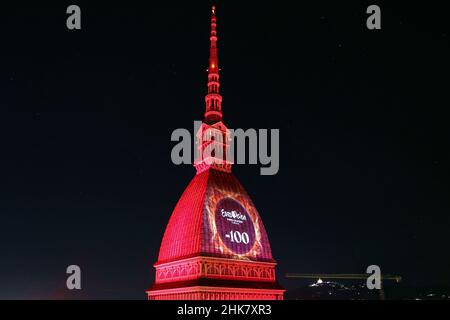 Eurovision Song Contest logo projected on the Mole Antonelliana. The 66th edition will be held in Turin in May 2022. Turin, Italy - February 2022 Stock Photo