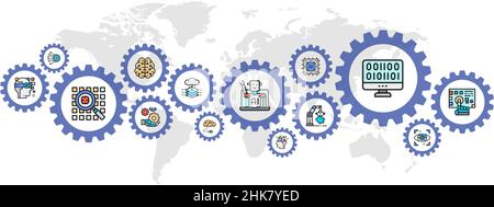 Artificial Intelligence banner with colored web icons . Robotics, Chatbot, Database, Big Data concept banner background. Stock Vector