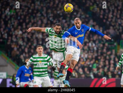 Glasgow, Scotland, 2nd February 2022. Cameron Carter-Vickers of Celtic and Kemar Roofe of Rangers  during the cinch Premiership match at Celtic Park, Glasgow. Picture credit should read: Neil Hanna / Sportimage Stock Photo