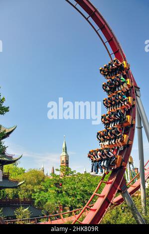 The Demon Rollercoaster ride, Tivoli Gardens, Copenhagen (Kobenhavn), Kingdom of Denmark Stock Photo