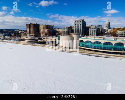 Winter, aerial photograph of downtown Madison, Wisconsin and the Monona Terrace Convention Center. Stock Photo