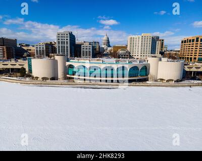 Winter, aerial photograph of downtown Madison, Wisconsin and the Monona Terrace Convention Center. Stock Photo